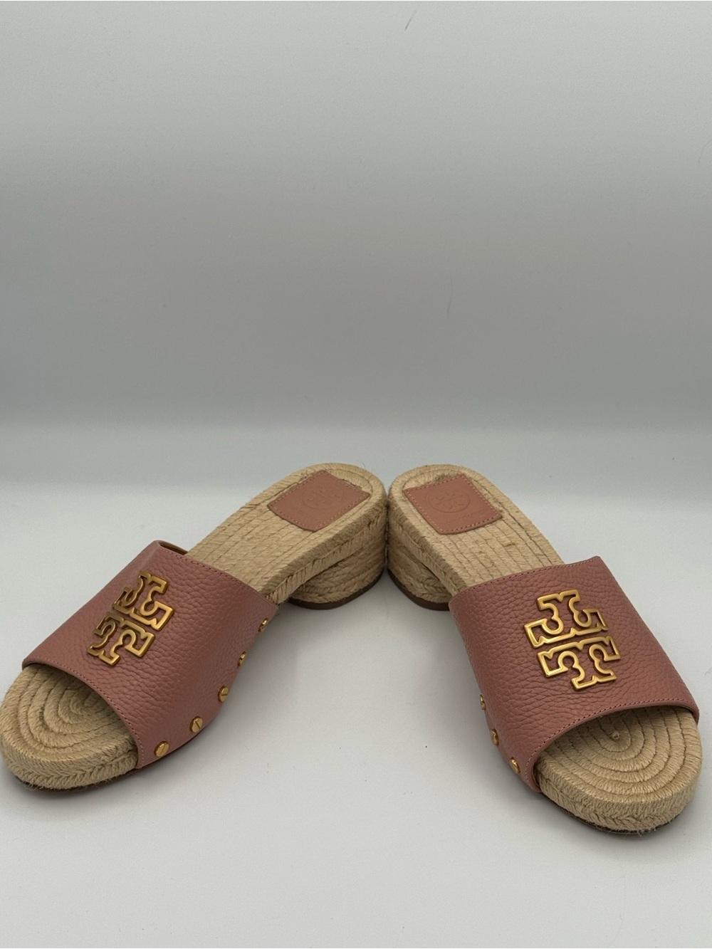 Tory Burch Britten Espadrille Leather Slide Sandals Mules Pink Moon Gold Logo - Picture 6 of 13
